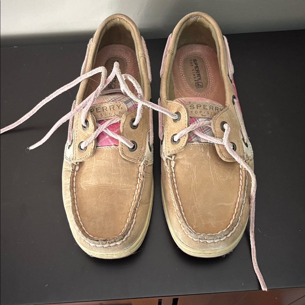 Sperry Beige Boat Shoes with Pink Highlights